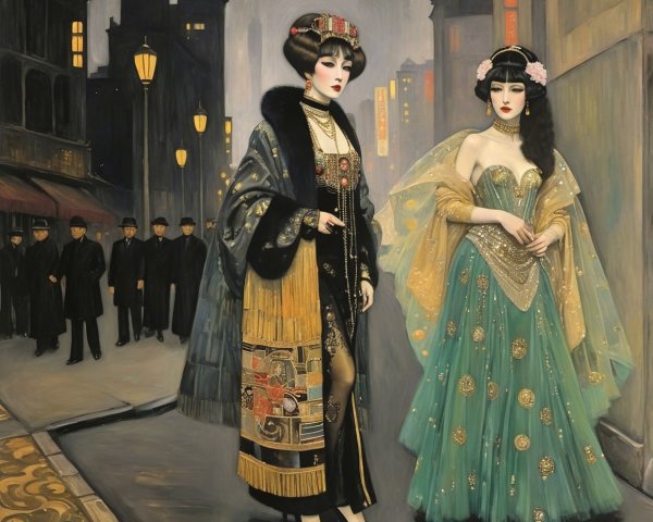 Elegantly Dressed Women in Vintage City Setting