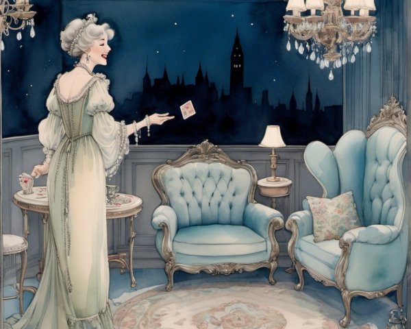 Elegant Woman in Vintage Room with City View