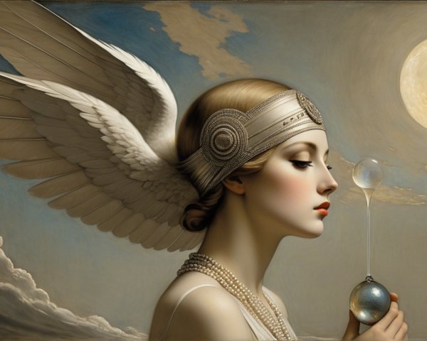 Serene Woman with Wings and Shimmering Orb in Clouds