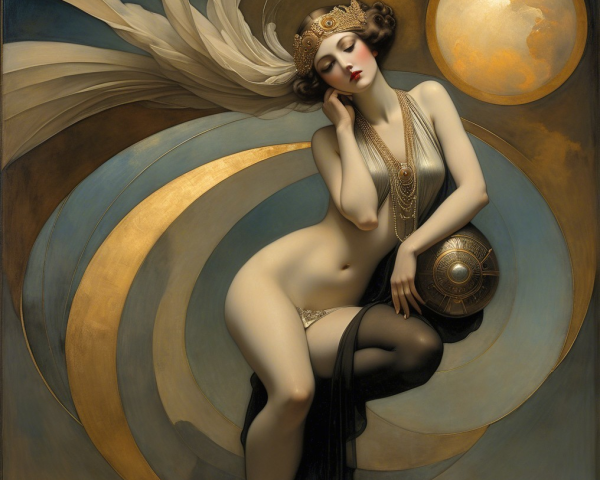 Art Nouveau Woman with Crescent Moon and Ethereal Colors