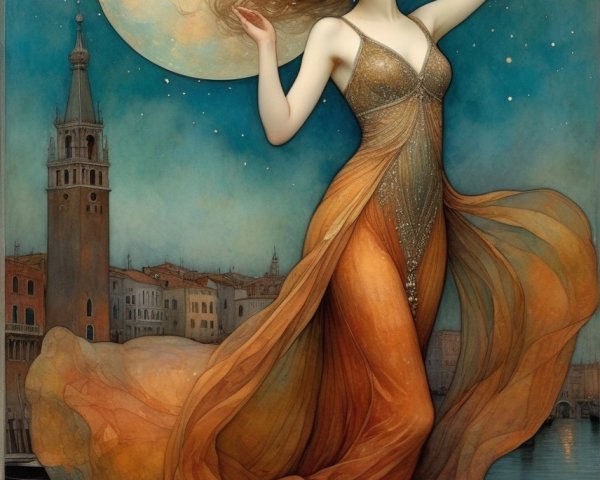 Stylized painting of a woman with red hair in elegant gown against city backdrop