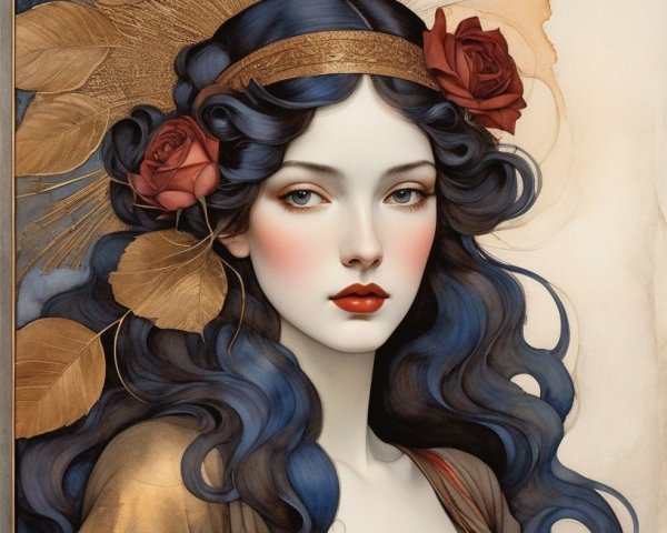 Portrait of a Woman with Blue Hair and Floral Headpiece