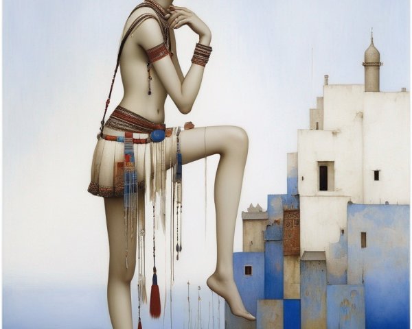 Surreal painting of tall woman in ornate attire against blue and white buildings