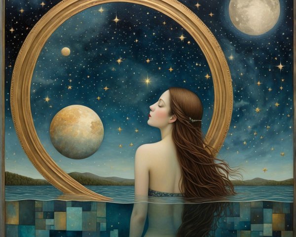 Serene woman in water under a starry night sky