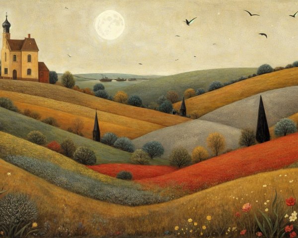 Serene Autumn Landscape with Hills and Wildflowers