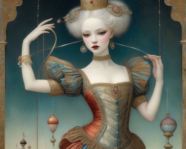 Regal figure with white hair and crown in Renaissance dress against tower and balloon backdrop.