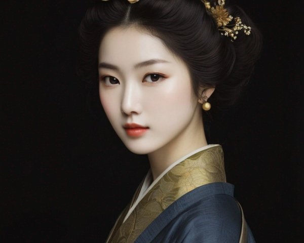 Traditional attire: Woman with elegant updo, gold floral ornaments, gold & indigo hues on black