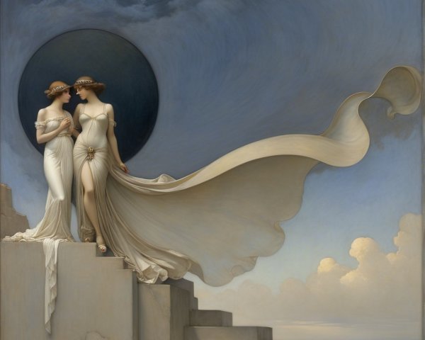 Elegant Women in Flowing White Garments on Staircase