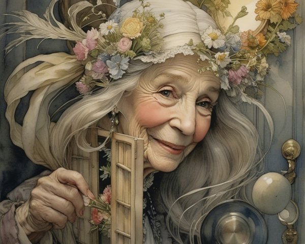 Elderly Woman with Floral Crown by Vintage Door