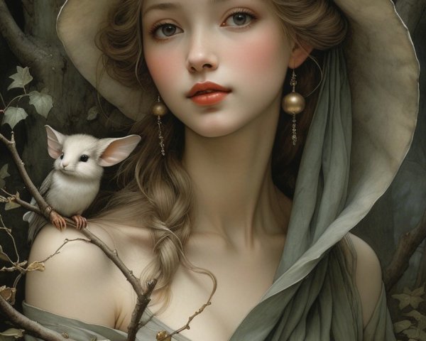 Serene Woman in Nature with Elegant Hat and Animal