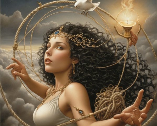 Mystical Woman with Lamp and Dove in Ethereal Setting