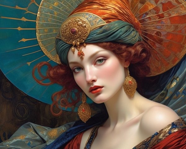 Striking Woman with Red Hair and Colorful Headscarf