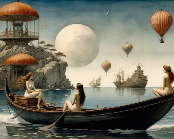 Surreal Seascape with Ethereal Figures and Moonlight