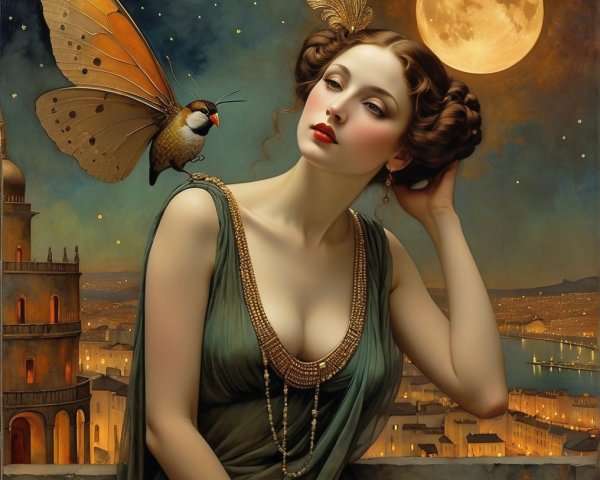 Elegant Woman in Green Dress with Butterfly and Moon