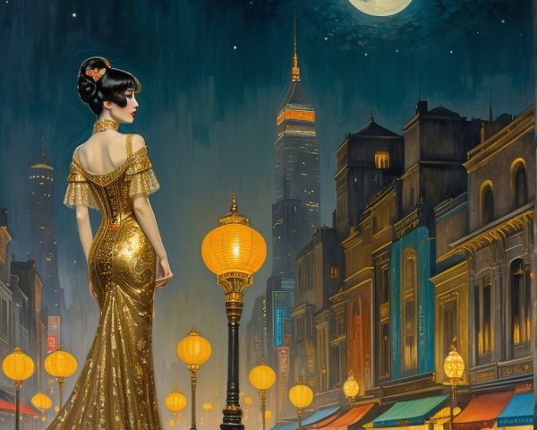Glamorous Woman in Gold Gown in Vibrant City Night