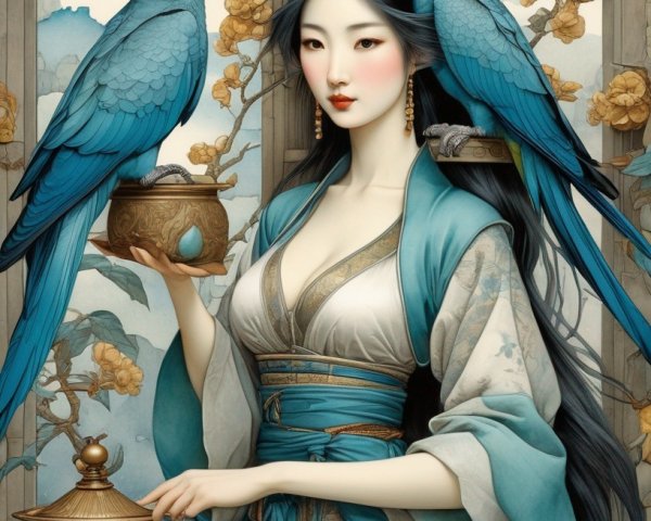Serene Woman in Traditional Attire with Blue Parrots