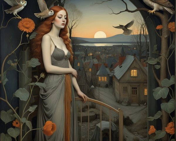 Serene Woman by Open Window with Evening Landscape