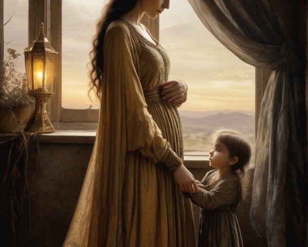 Pregnant Woman and Young Girl in Serene Room Setting