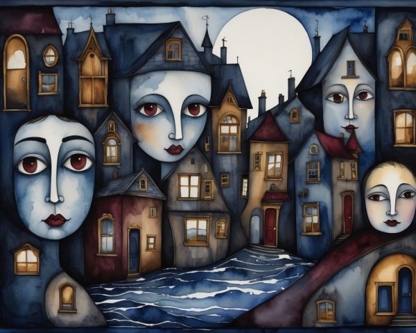 Whimsical Dreamlike Village with Abstract Houses