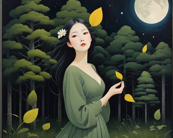Serene Woman in Moonlit Forest with Elegant Gown