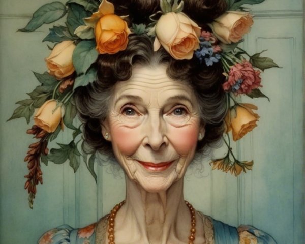 Elderly Woman in Floral Headdress and Blue Gown