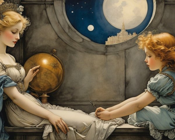 Moonlit Scene with Woman and Girl in Elegant Attire