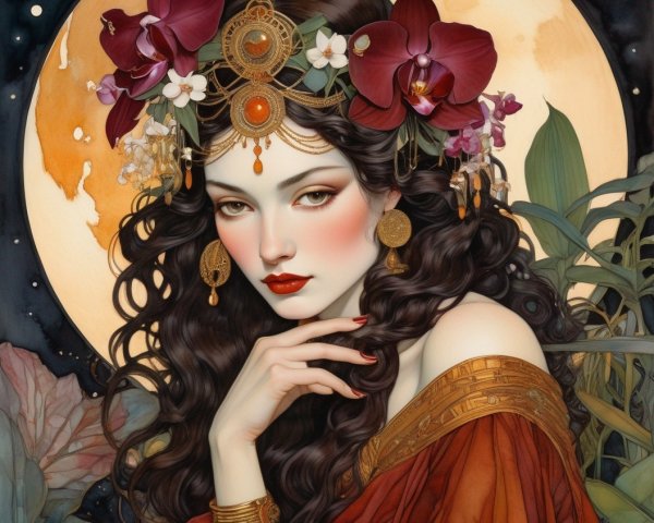 Illustrated woman with long hair in golden crown and orchids against moon and foliage.
