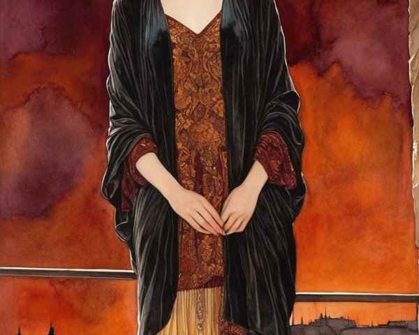 Woman in black robe with closed eyes against warm abstract background