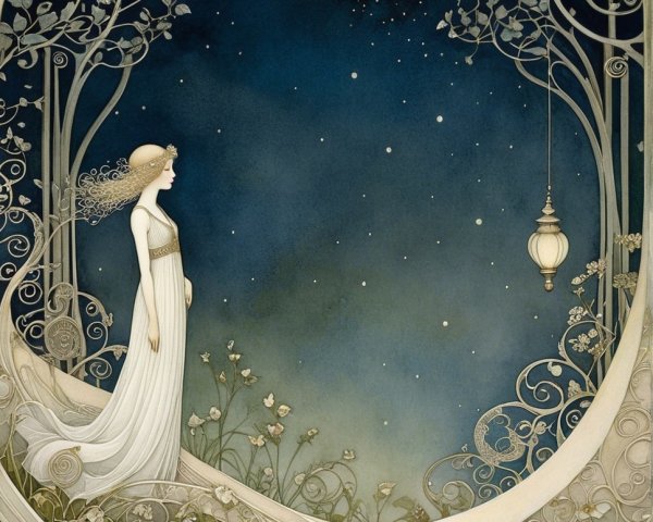 Serene figure in white gown within intricate landscape