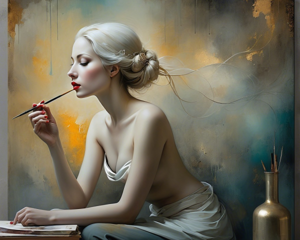 Serene Woman with Paintbrush in Artistic Setting