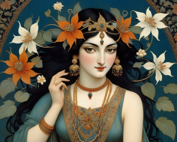 Adorned Woman Surrounded by Floral Patterns and Jewelry