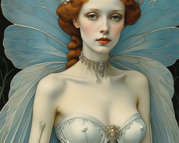 Surreal Woman with Butterfly Wings and Floral Crown