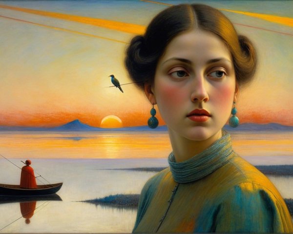 Serene Woman at Sunset with Boat and Bird