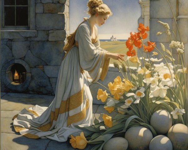 Young Woman in White Gown Tending Colorful Flowers