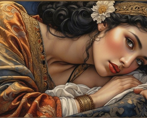 Elegant Woman Reclining in Rich Fabrics and Patterns