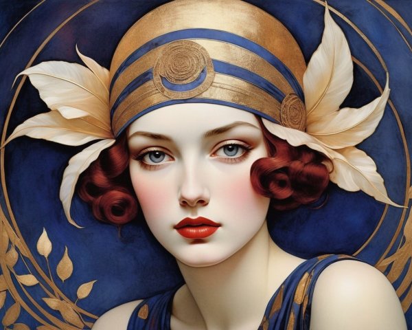 Art Deco Woman with Red Curls and Gold Backdrop
