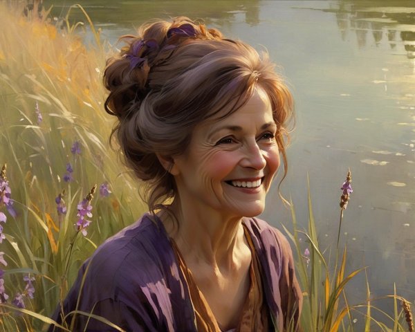 Elderly Woman by Tranquil Waterway in Nature