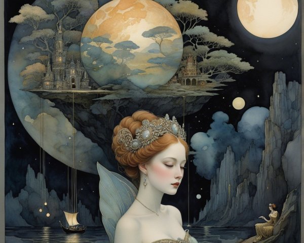 Serene Woman with Crown in Ethereal Landscape Scene