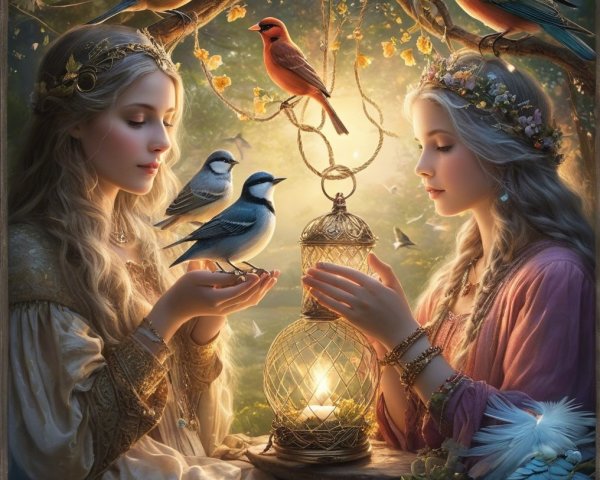 Ethereal Women with Lantern in Enchanted Setting