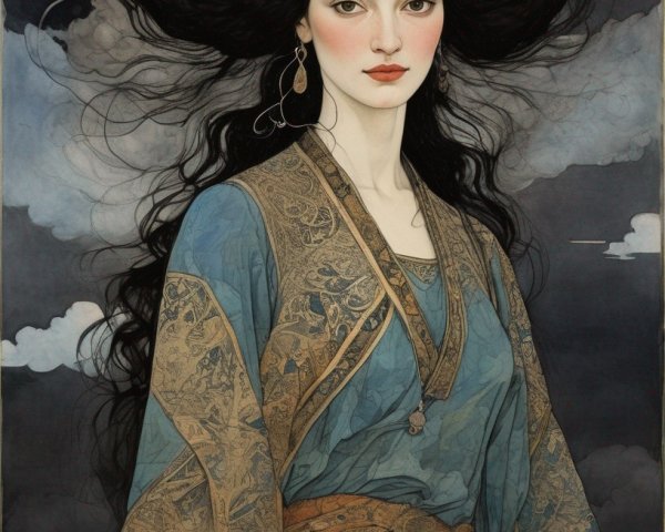 Woman in Blue Robe with Voluminous Black Hair