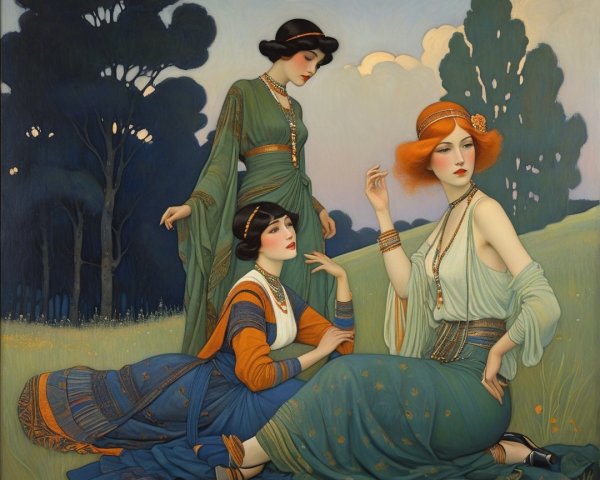 Vintage Attire of Three Women in Serene Landscape
