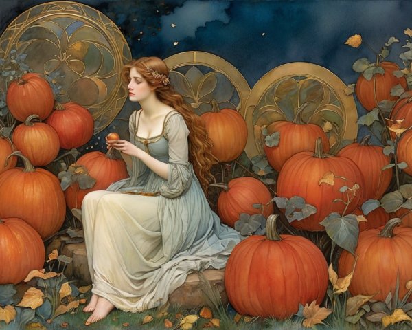 Young Woman Among Vibrant Pumpkins in Autumn Scene
