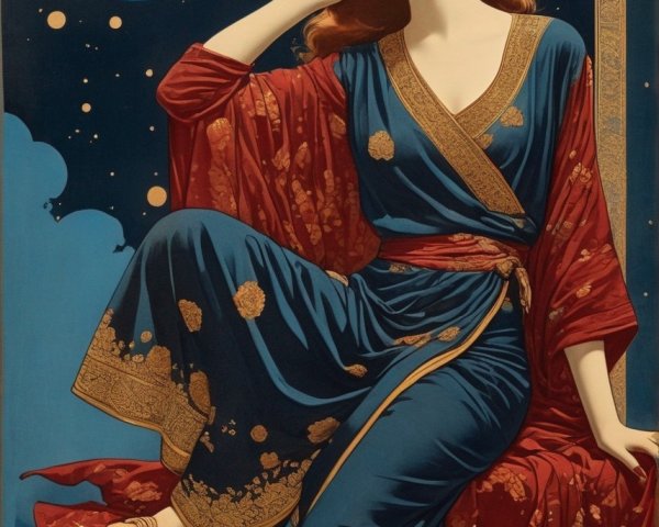 Elegant woman in blue and red gown with moon backdrop