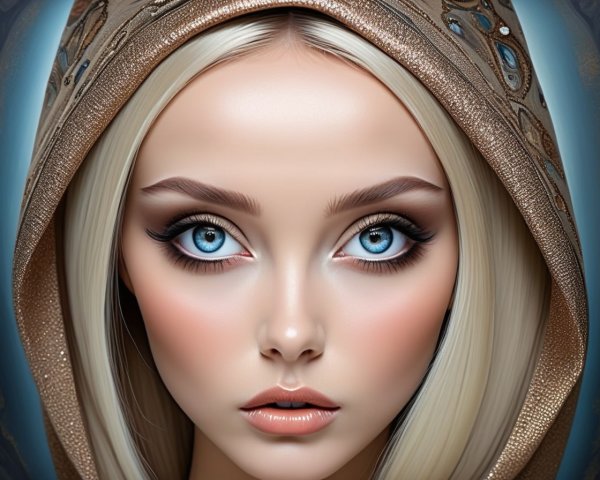 Young woman with blue eyes and ornate gemstone hood