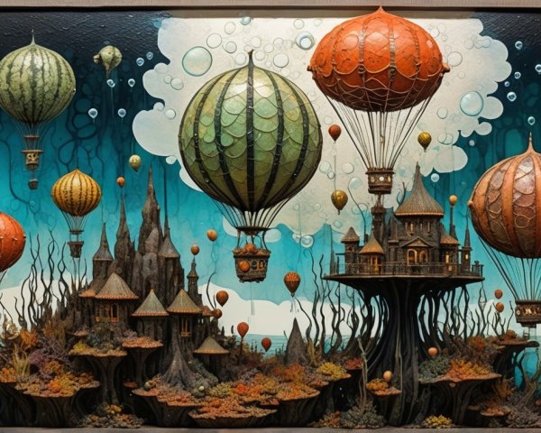 Whimsical Landscape with Floating Hot Air Balloons