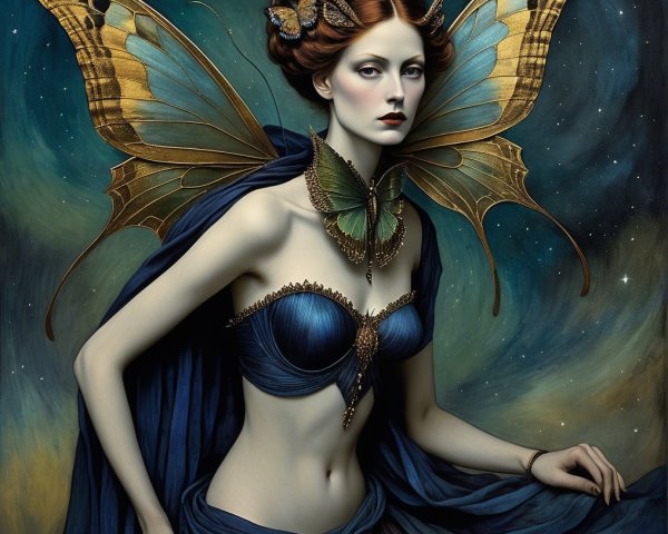 Ethereal Figure with Butterfly Wings and Cosmic Background