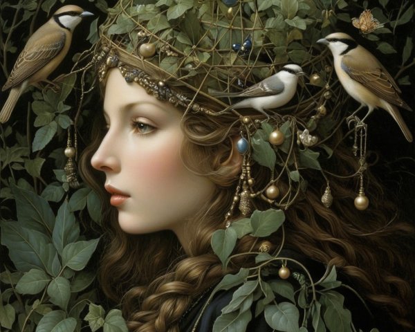 Young Woman with Chestnut Hair and Nature Elements
