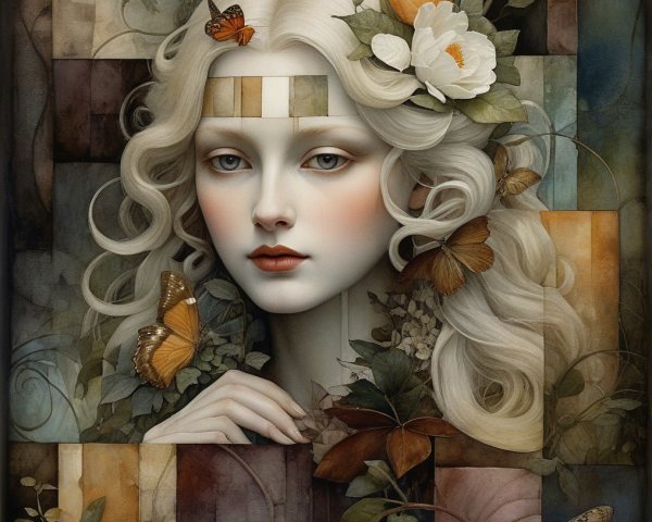 Serene Portrait of Woman with Butterflies and Flowers