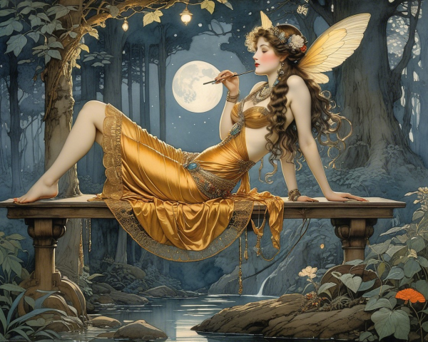 Fairy on Bench by Moonlit Stream in Enchanted Forest