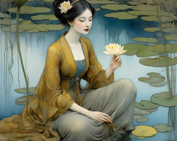 Tranquil woman in yellow robe with lotus flower by pond